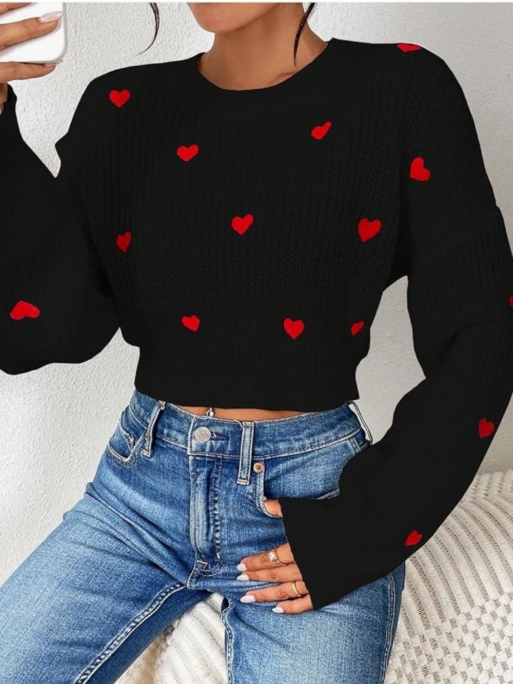 Women's Black Cropped Sweater with Red Heart Pattern